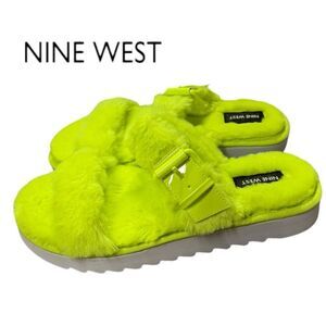 New Nine West Women's Funkie Lime Green Fuzzy Furry Slide Sandals 9